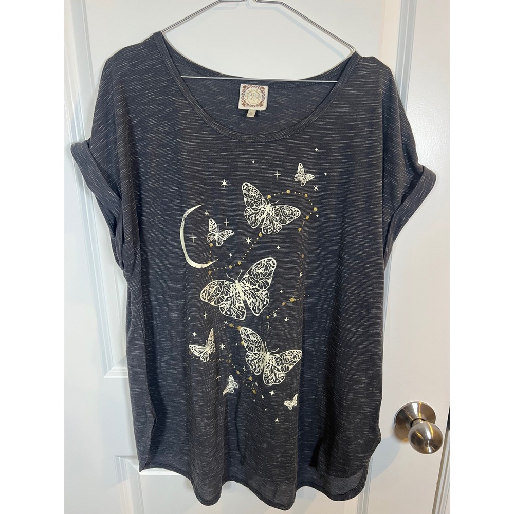 Tru Self Women T-Shirt Butterfly Celestial Graphic Gray 2X